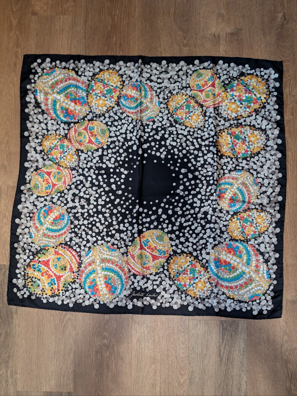 Judith Leiber Silk Scarf 34" Square Black Multi Rare EUC